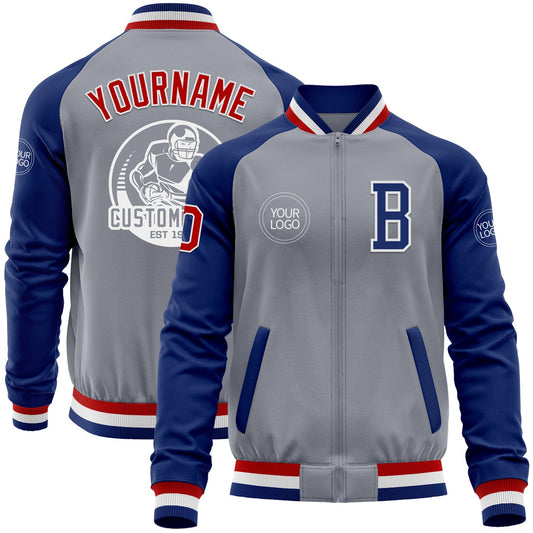 Custom Gray Red-Royal Bomber Varsity Letterman Two Tone Zipper Jacket - Main View