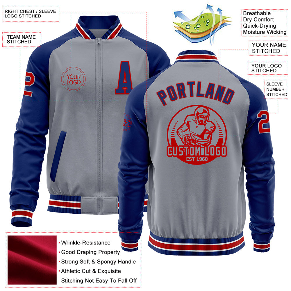 Custom Gray Red-Royal Bomber Varsity Letterman Two Tone Zipper Jacket view 4