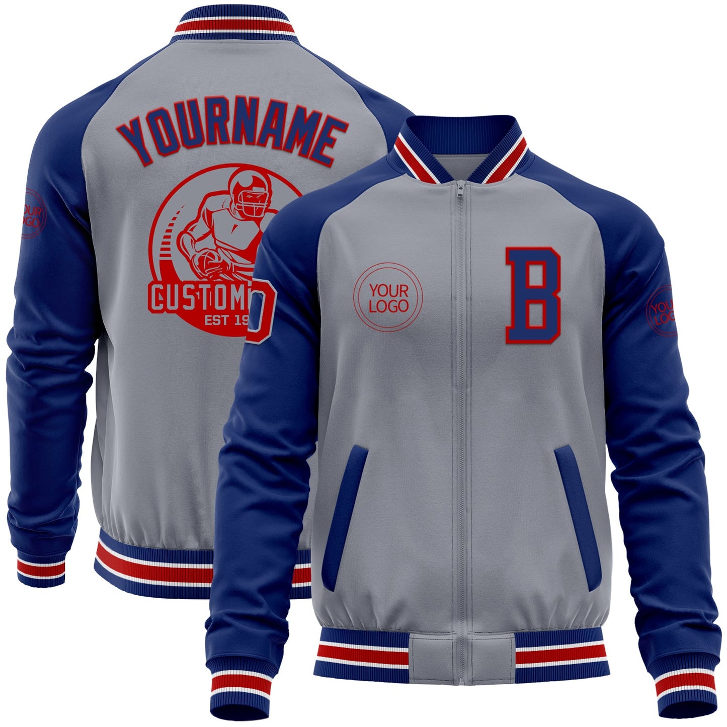 Custom Gray Red-Royal Bomber Varsity Letterman Two Tone Zipper Jacket - Main View