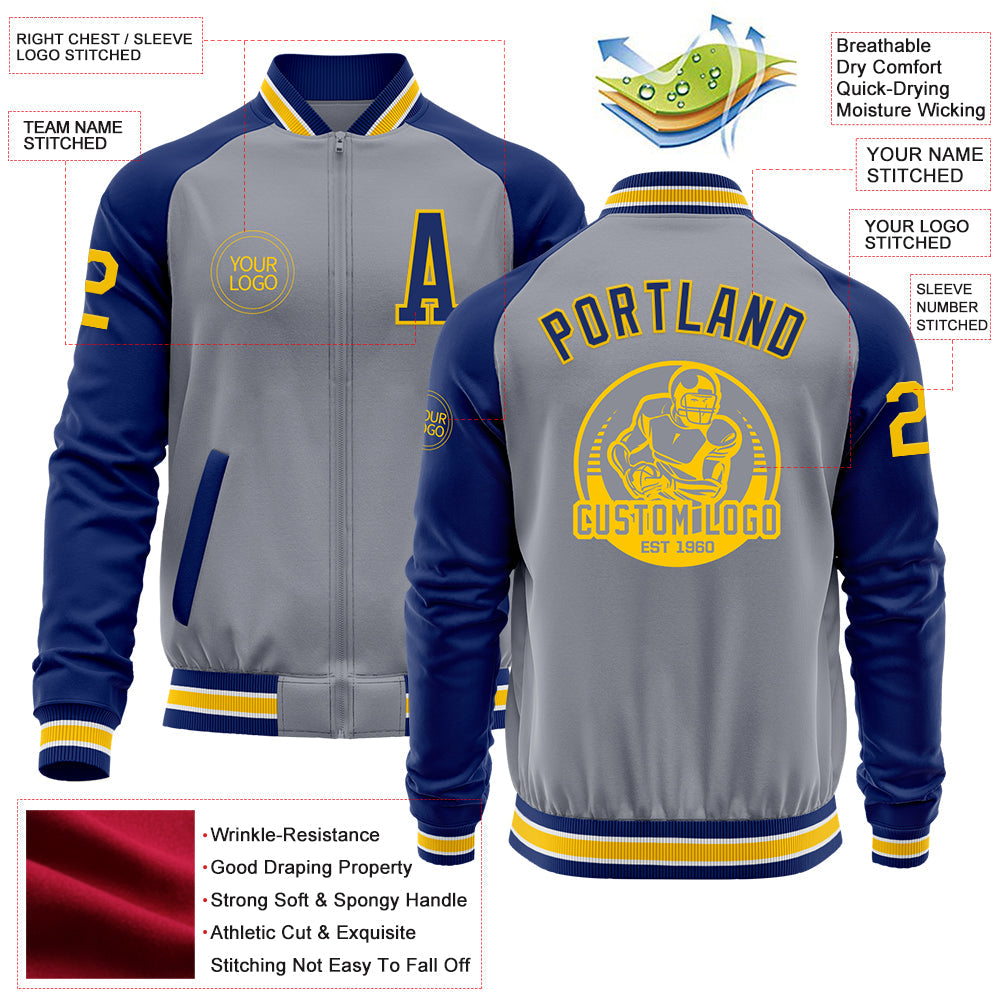 Custom Gray Yellow-Royal Bomber Varsity Letterman Two Tone Zipper Jacket view 4