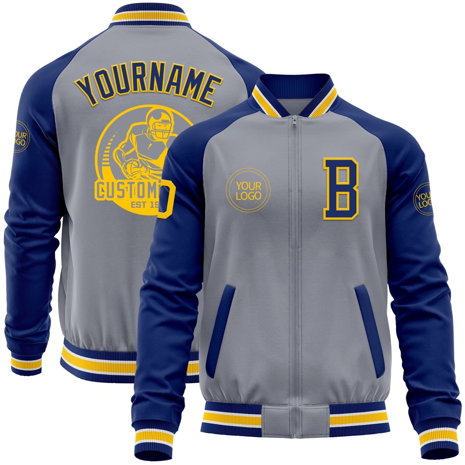 Custom Gray Yellow-Royal Bomber Varsity Letterman Two Tone Zipper Jacket - Main View