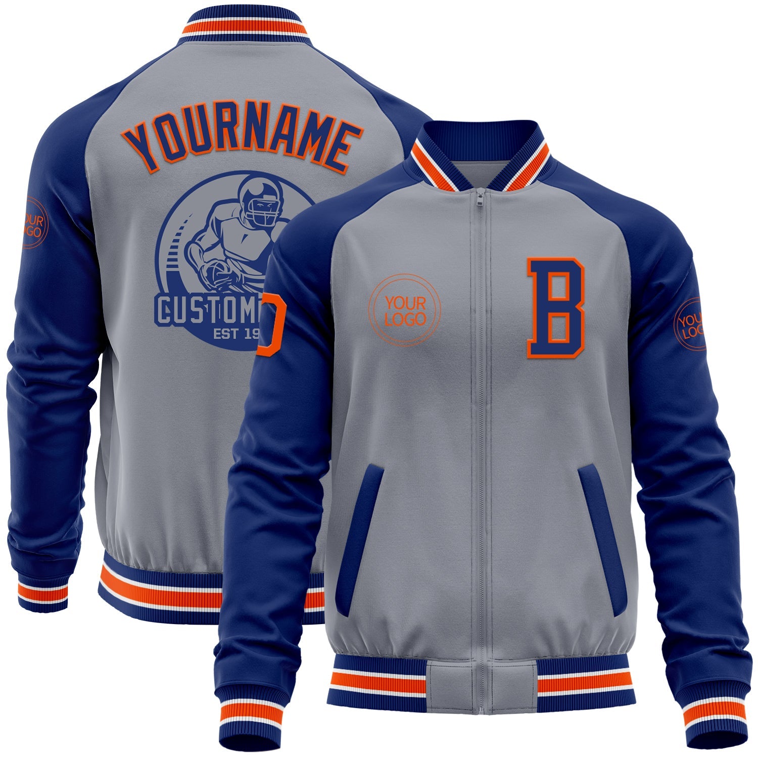 Custom Gray Orange-Royal Bomber Varsity Letterman Two Tone Zipper Jacket - Main View