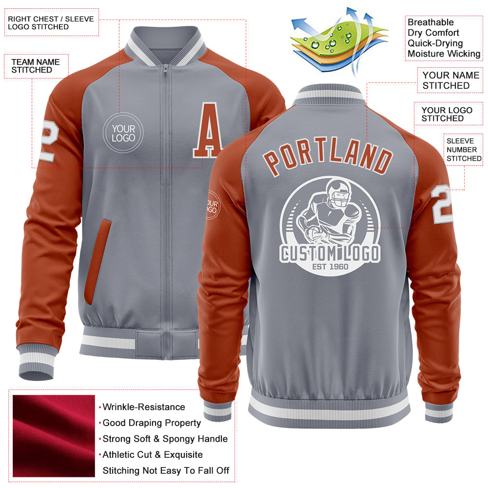 Custom Gray White-Texas Orange Bomber Varsity Letterman Two Tone Zipper Jacket view 4