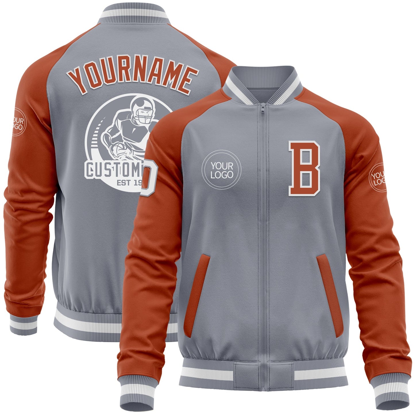 Custom Gray White-Texas Orange Bomber Varsity Letterman Two Tone Zipper Jacket - Main View
