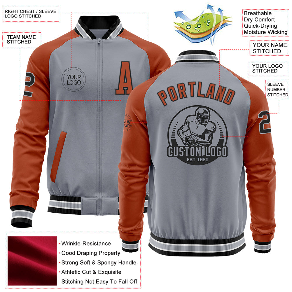 Custom Gray Black-Texas Orange Bomber Varsity Letterman Two Tone Zipper Jacket view 4