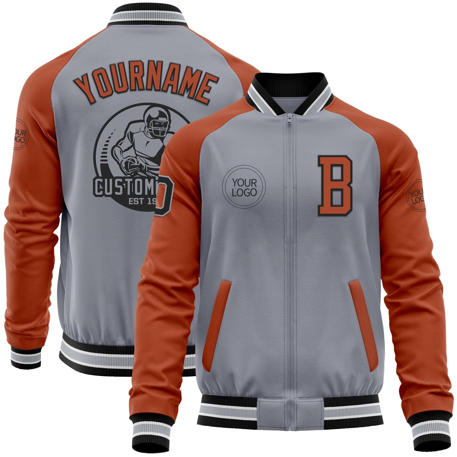 Custom Gray Black-Texas Orange Bomber Varsity Letterman Two Tone Zipper Jacket - Main View