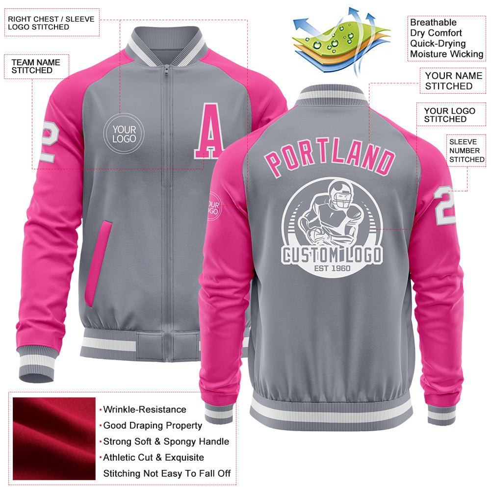 Custom Gray White-Pink Bomber Varsity Letterman Two Tone Zipper Jacket view 4