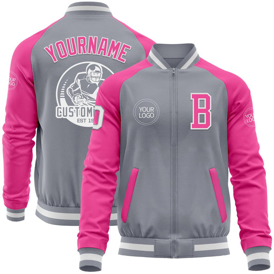 Custom Gray White-Pink Bomber Varsity Letterman Two Tone Zipper Jacket - Main View