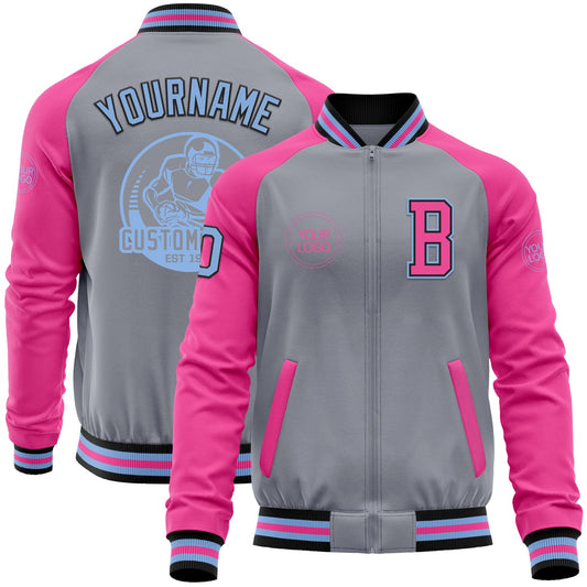 Custom Gray Light Blue Black-Pink Bomber Varsity Letterman Two Tone Zipper Jacket - Main View
