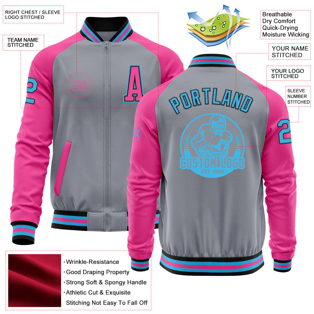 Custom Gray Sky Blue Black-Pink Bomber Varsity Letterman Two Tone Zipper Jacket view 4