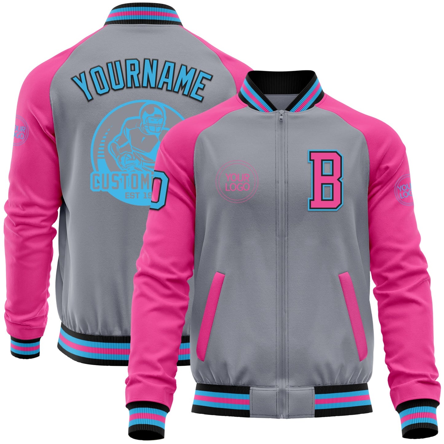 Custom Gray Sky Blue Black-Pink Bomber Varsity Letterman Two Tone Zipper Jacket - Main View