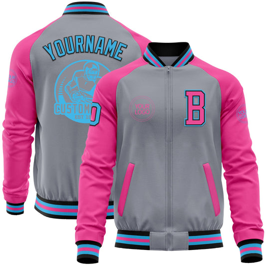 Custom Gray Sky Blue Black-Pink Bomber Varsity Letterman Two Tone Zipper Jacket - Main View