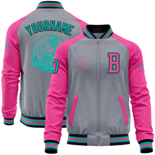 Custom Gray Aqua Black-Pink Bomber Varsity Letterman Two Tone Zipper Jacket - Main View