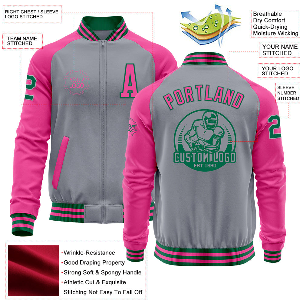Custom Gray Kelly Green-Pink Bomber Varsity Letterman Two Tone Zipper Jacket view 4