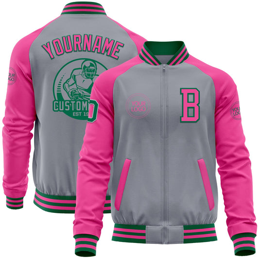 Custom Gray Kelly Green-Pink Bomber Varsity Letterman Two Tone Zipper Jacket - Main View