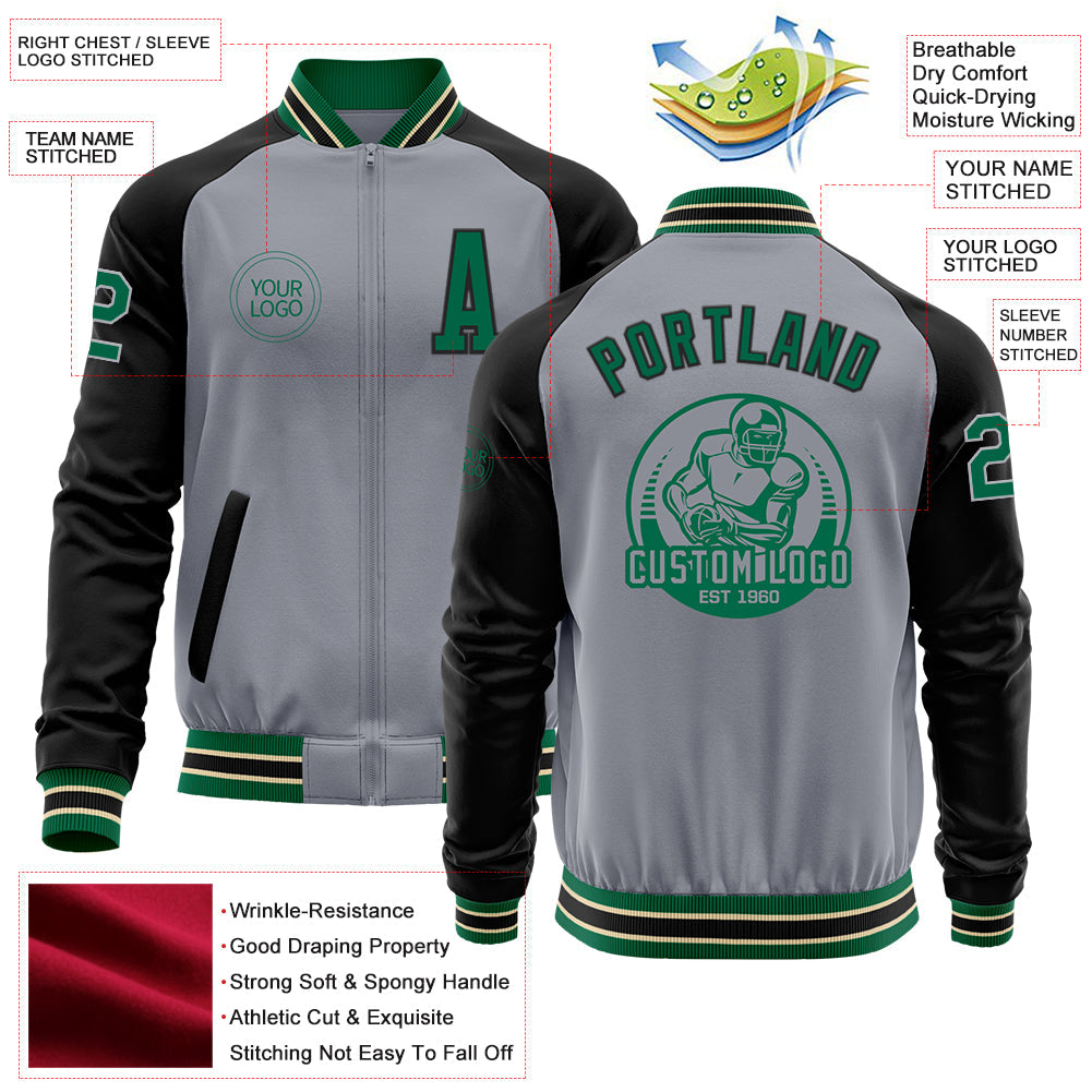 Custom Gray Kelly Green Cream-Black Bomber Varsity Letterman Two Tone Zipper Jacket view 4