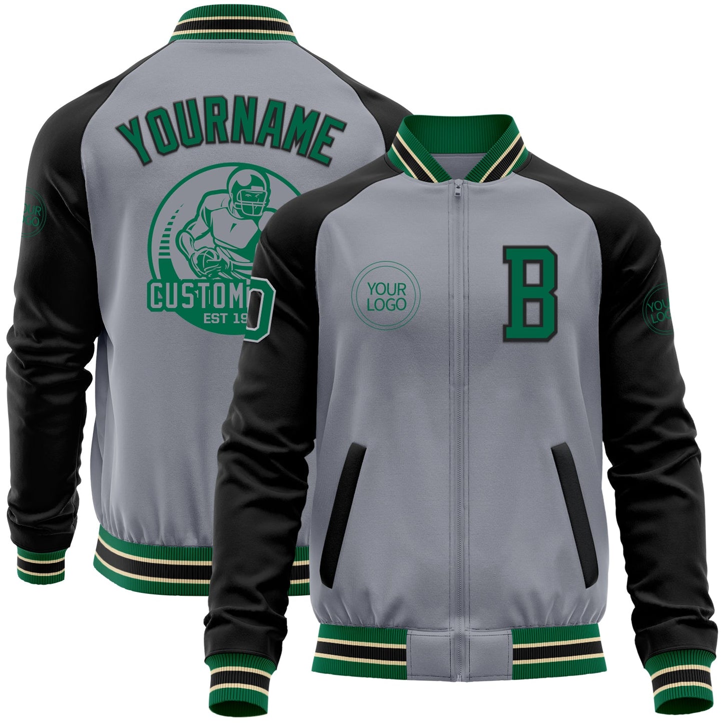 Custom Gray Kelly Green Cream-Black Bomber Varsity Letterman Two Tone Zipper Jacket - Main View
