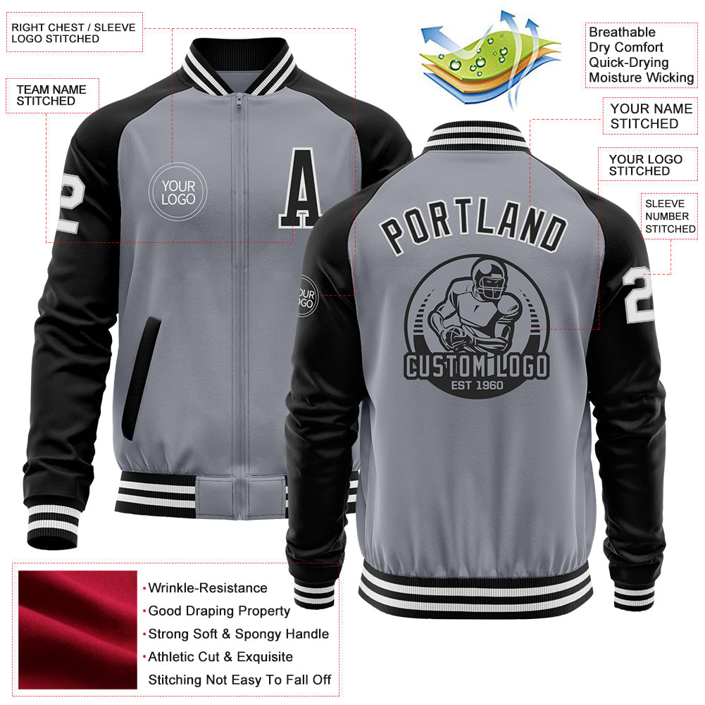 Custom Gray White-Black Bomber Varsity Letterman Two Tone Zipper Jacket view 4