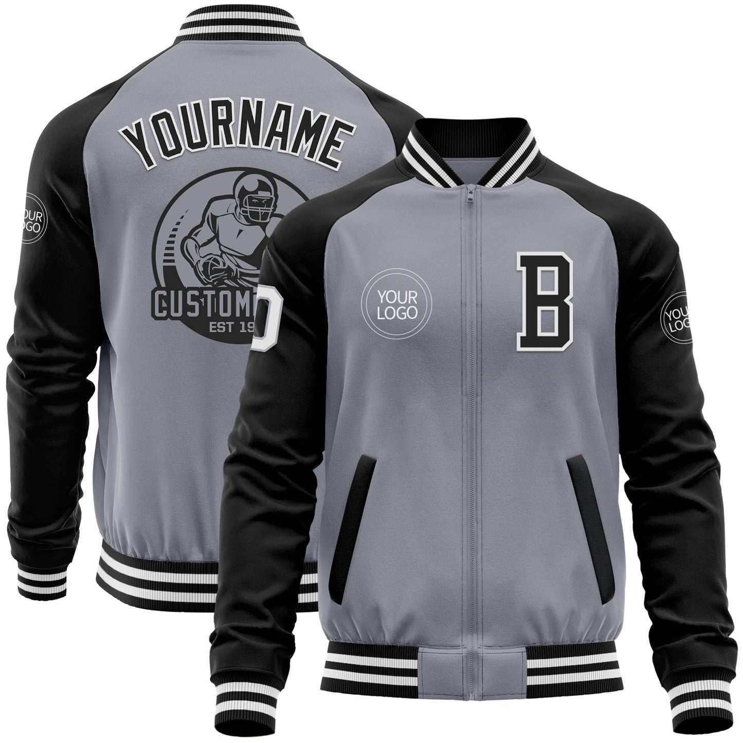 Custom Gray White-Black Bomber Varsity Letterman Two Tone Zipper Jacket - Main View