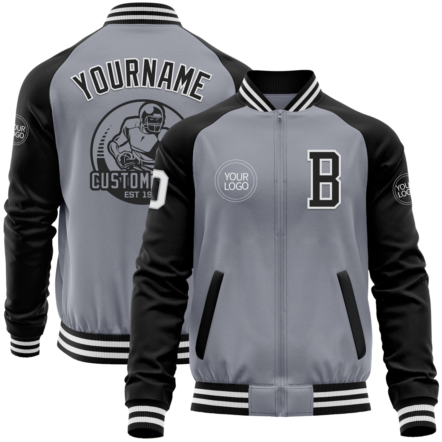 Custom Gray White-Black Bomber Varsity Letterman Two Tone Zipper Jacket - Main View