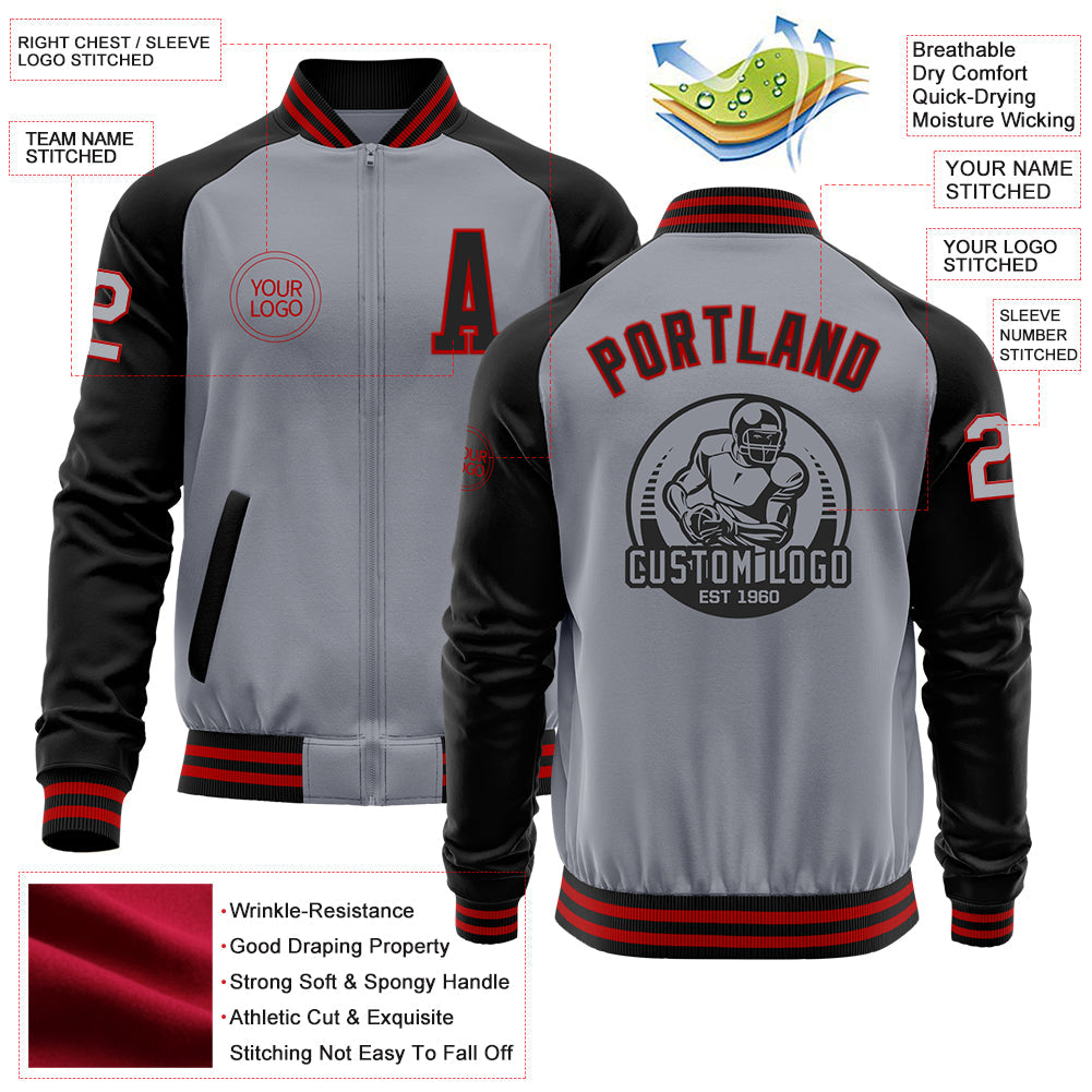 Custom Gray Red-Black Bomber Varsity Letterman Two Tone Zipper Jacket view 4