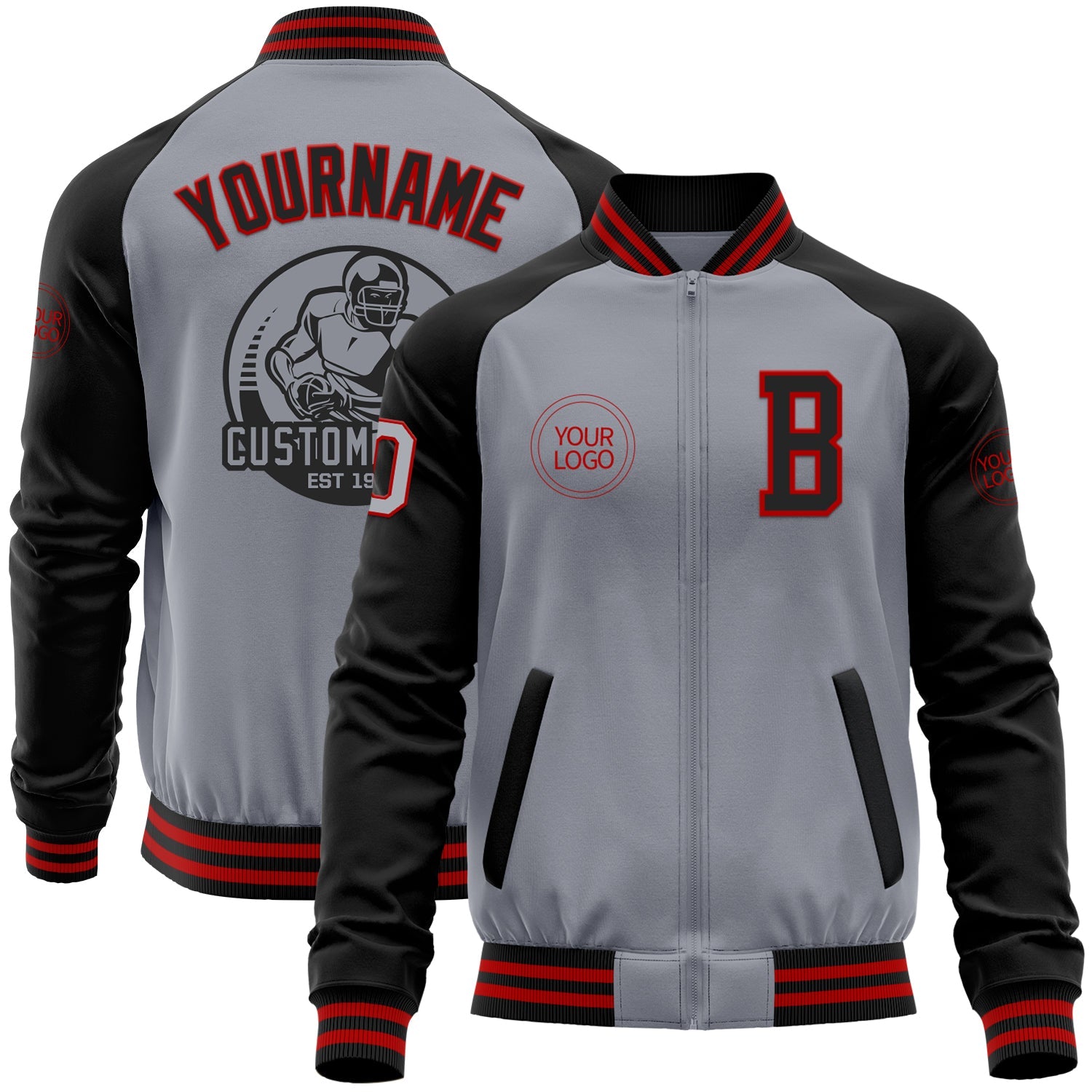 Custom Gray Red-Black Bomber Varsity Letterman Two Tone Zipper Jacket - Main View