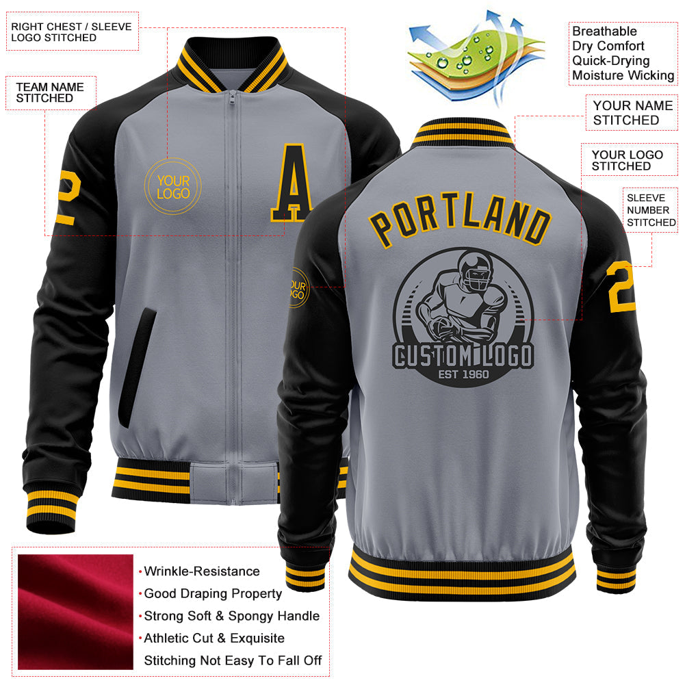 Custom Gray Gold-Black Bomber Varsity Letterman Two Tone Zipper Jacket view 4