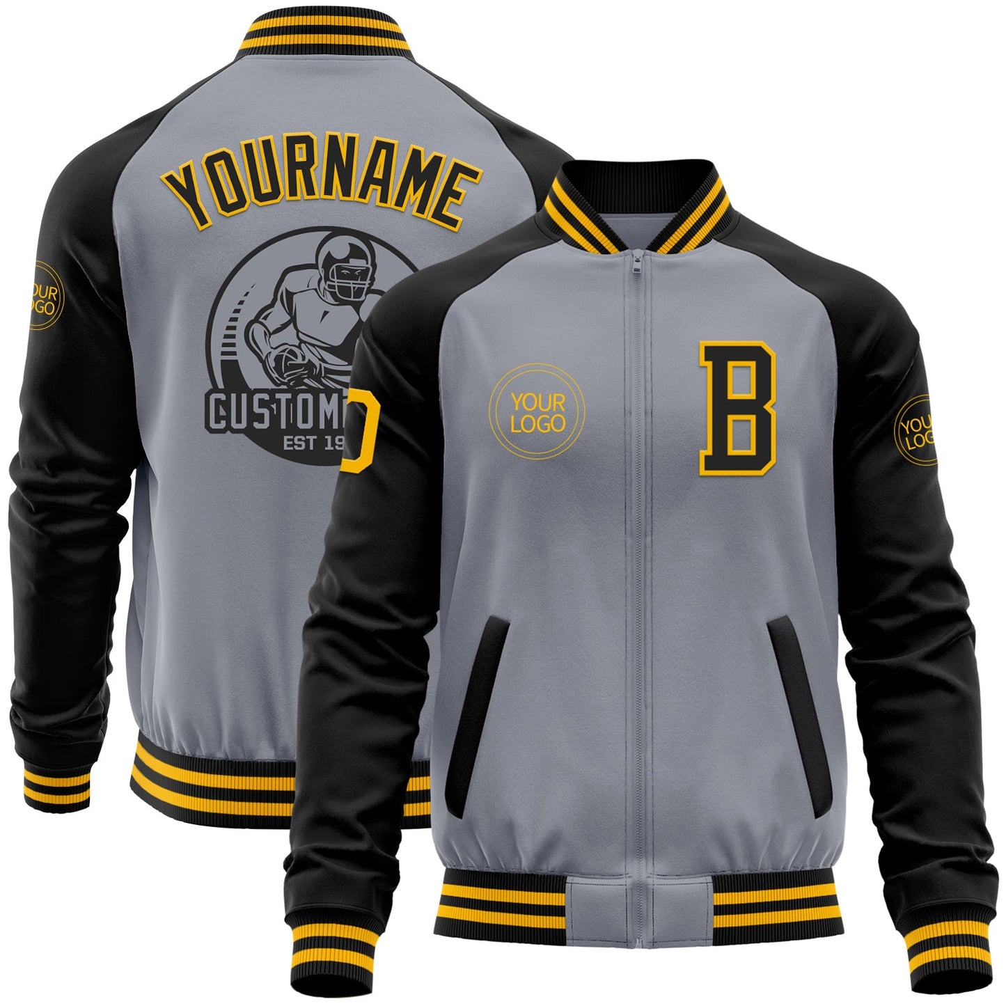 Custom Gray Gold-Black Bomber Varsity Letterman Two Tone Zipper Jacket - Main View