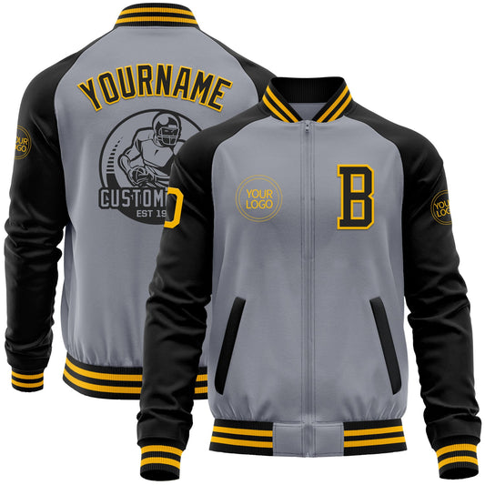 Custom Gray Gold-Black Bomber Varsity Letterman Two Tone Zipper Jacket - Main View