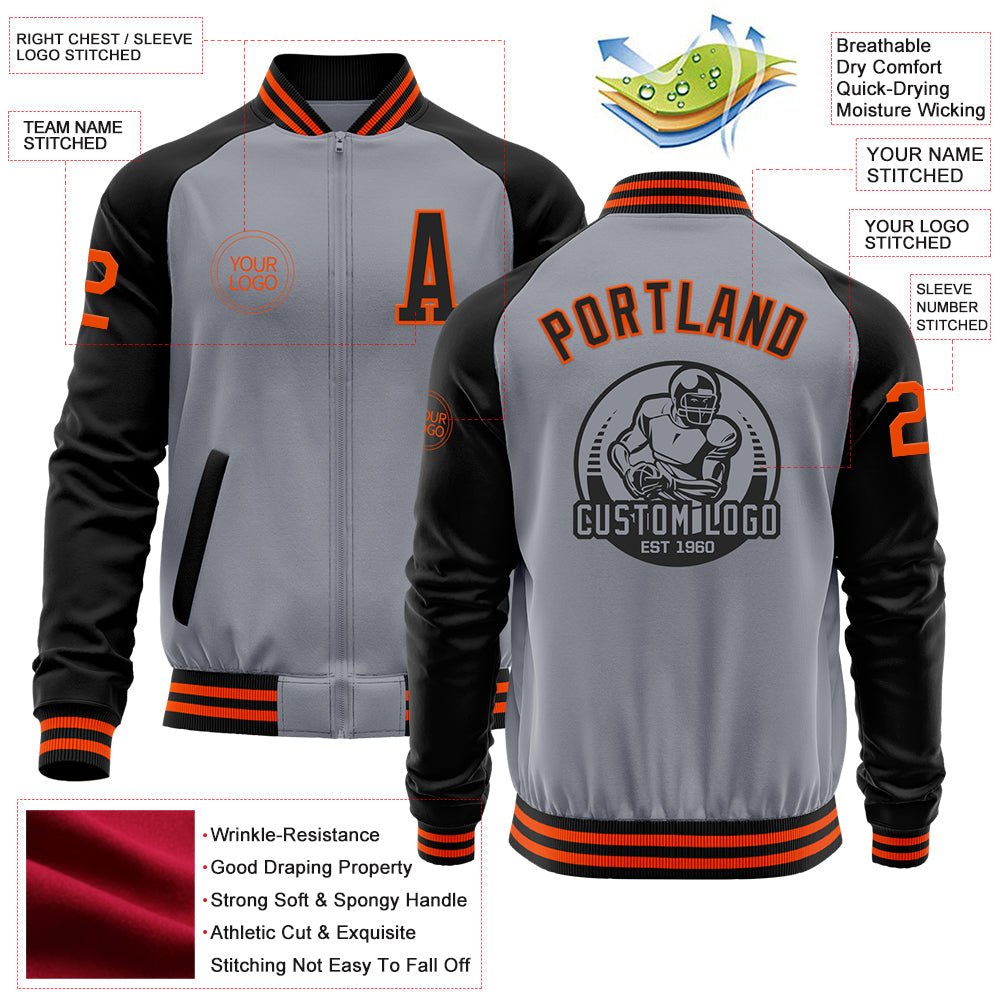 Custom Gray Orange-Black Bomber Varsity Letterman Two Tone Zipper Jacket view 4