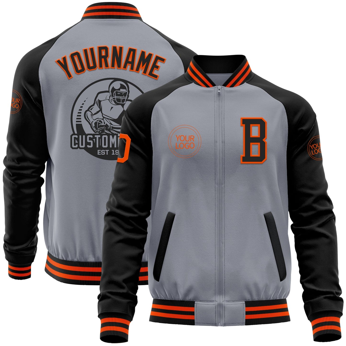 Custom Gray Orange-Black Bomber Varsity Letterman Two Tone Zipper Jacket - Main View
