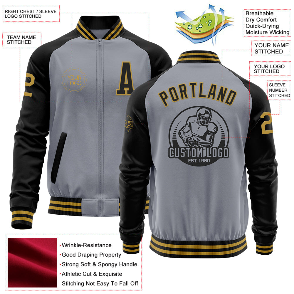 Custom Gray Old Gold-Black Bomber Varsity Letterman Two Tone Zipper Jacket view 4