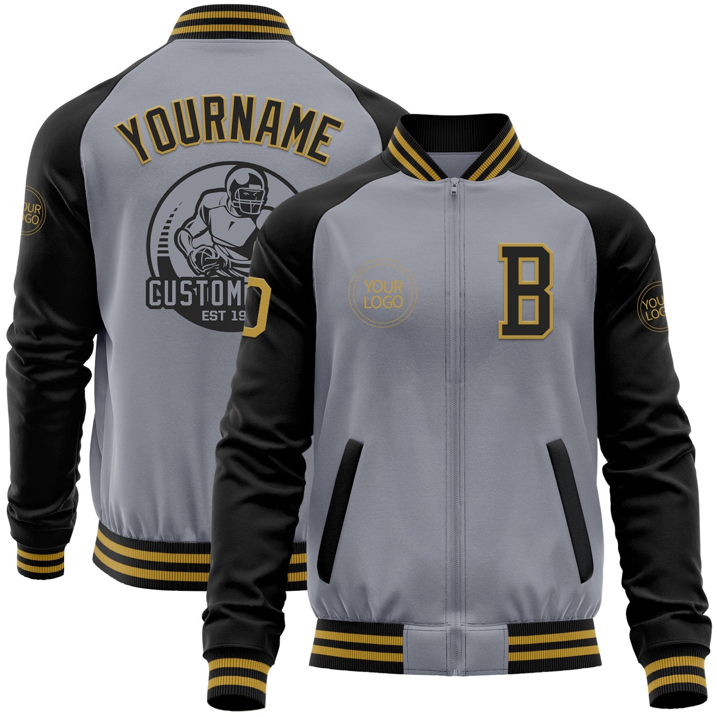Custom Gray Old Gold-Black Bomber Varsity Letterman Two Tone Zipper Jacket - Main View