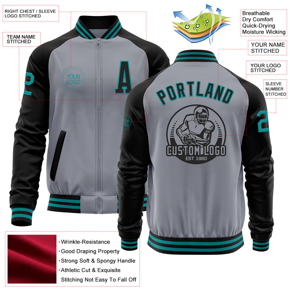 Custom Gray Teal-Black Bomber Varsity Letterman Two Tone Zipper Jacket view 4