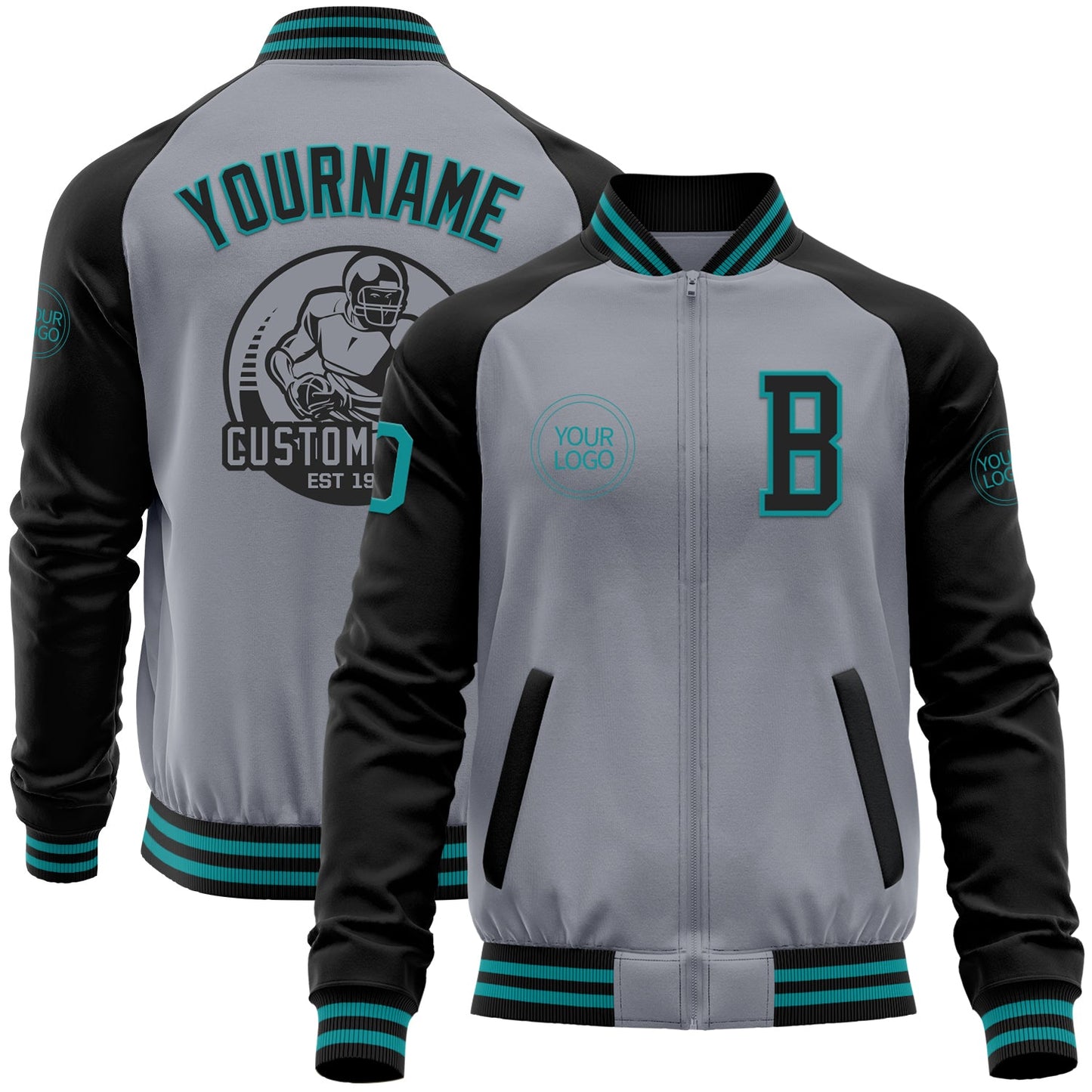 Custom Gray Teal-Black Bomber Varsity Letterman Two Tone Zipper Jacket - Main View