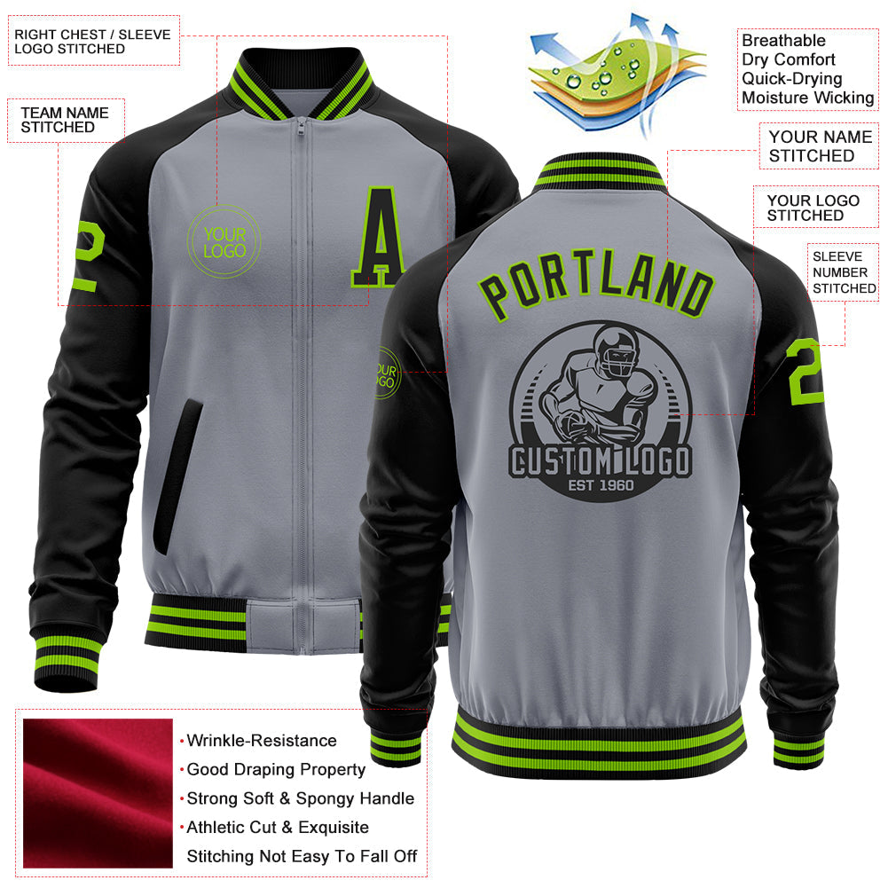 Custom Gray Neon Green-Black Bomber Varsity Letterman Two Tone Zipper Jacket view 4