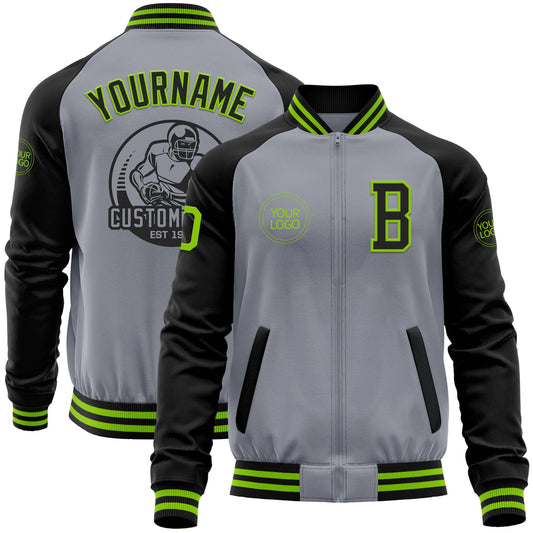Custom Gray Neon Green-Black Bomber Varsity Letterman Two Tone Zipper Jacket - Main View