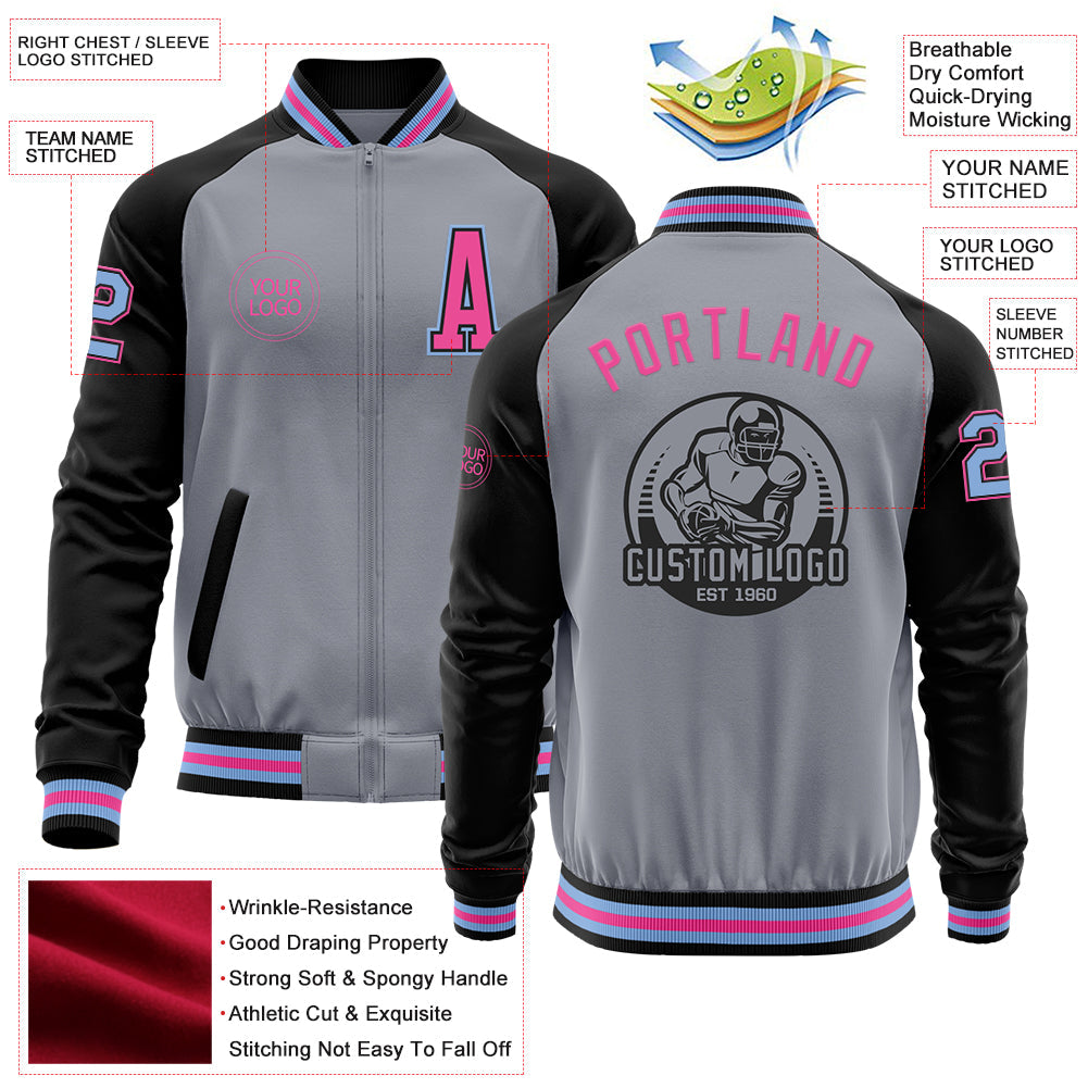 Custom Gray Light Blue Black-Pink Bomber Varsity Letterman Two Tone Zipper Jacket view 4