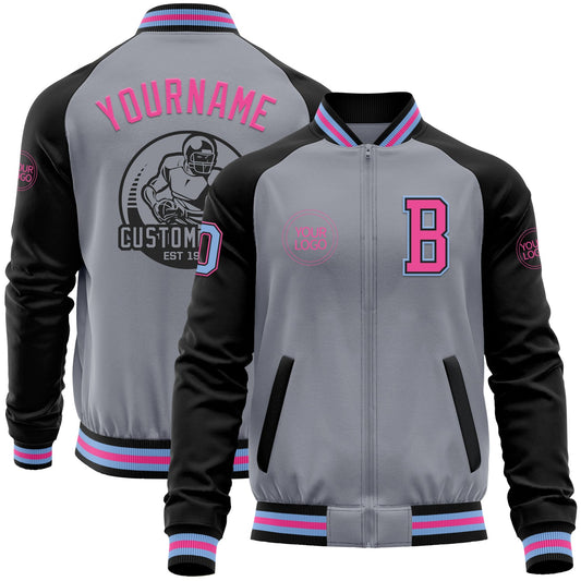 Custom Gray Light Blue Black-Pink Bomber Varsity Letterman Two Tone Zipper Jacket - Main View