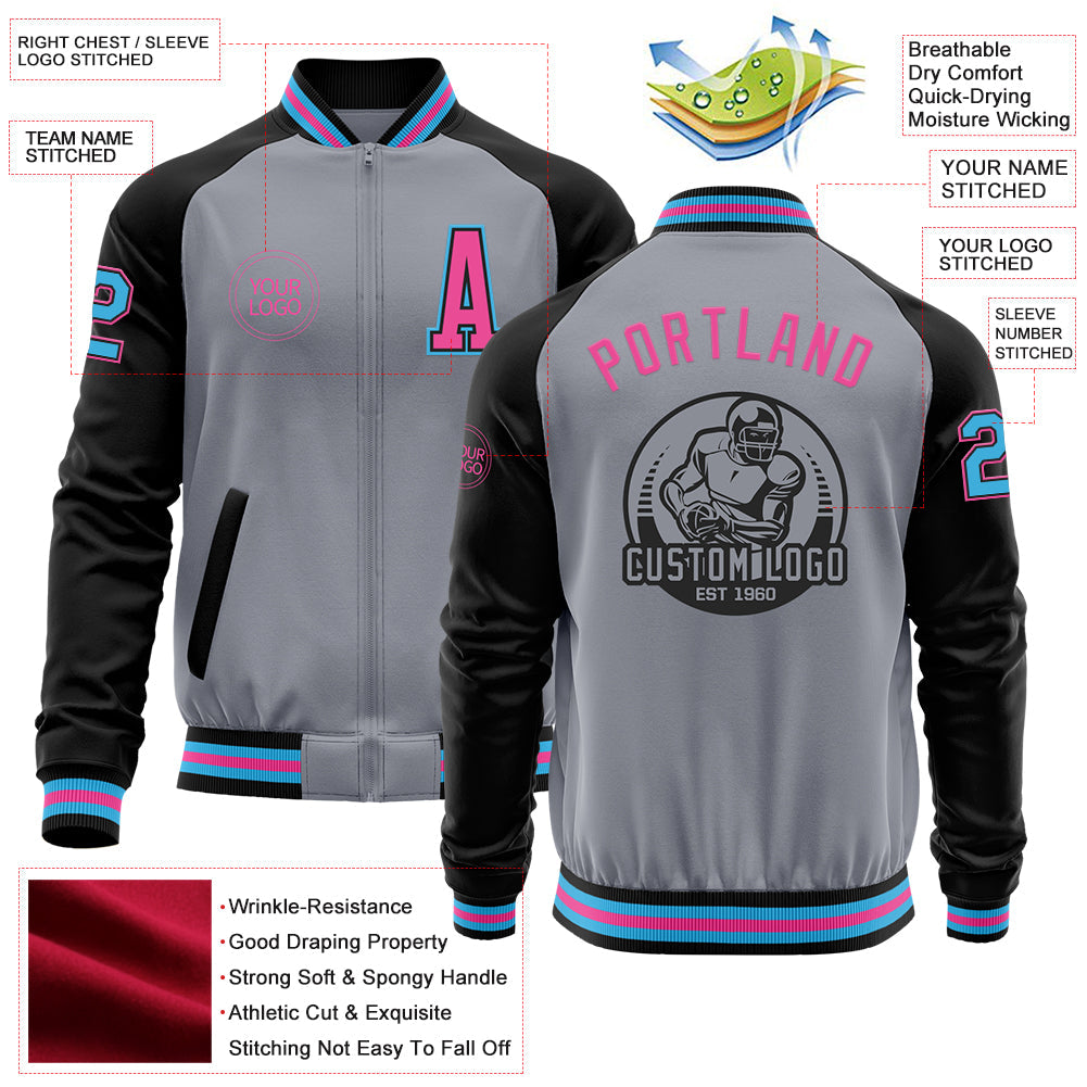 Custom Gray Sky Blue Black-Pink Bomber Varsity Letterman Two Tone Zipper Jacket view 4