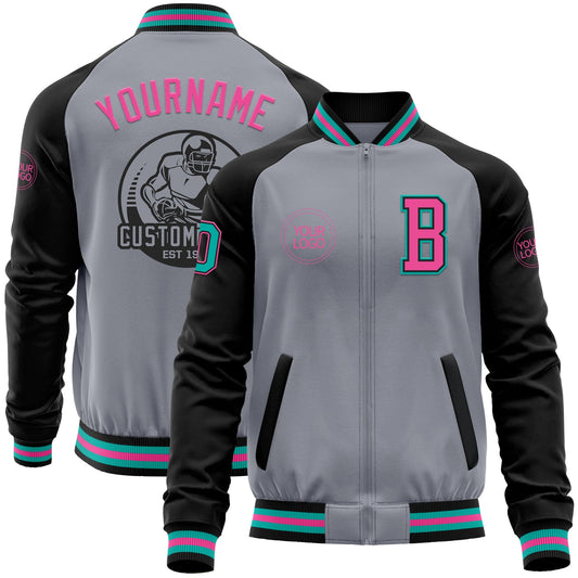 Custom Gray Aqua Black-Pink Bomber Varsity Letterman Two Tone Zipper Jacket - Main View