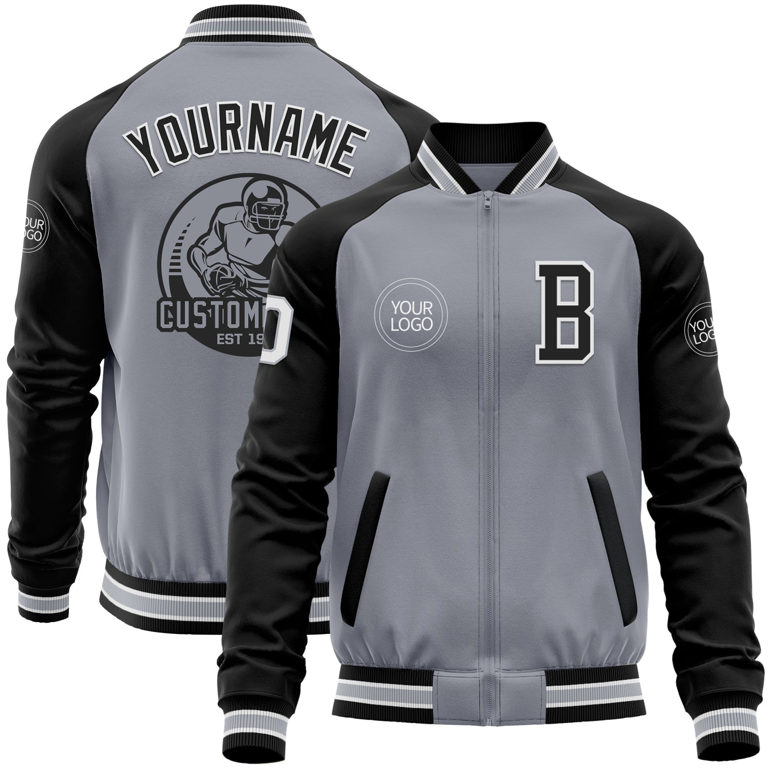 Custom Gray White-Black Bomber Varsity Letterman Two Tone Zipper Jacket - Main View