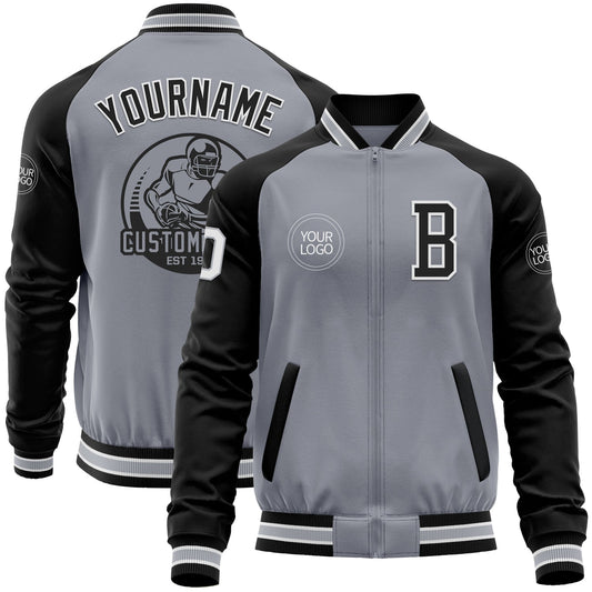 Custom Gray White-Black Bomber Varsity Letterman Two Tone Zipper Jacket - Main View