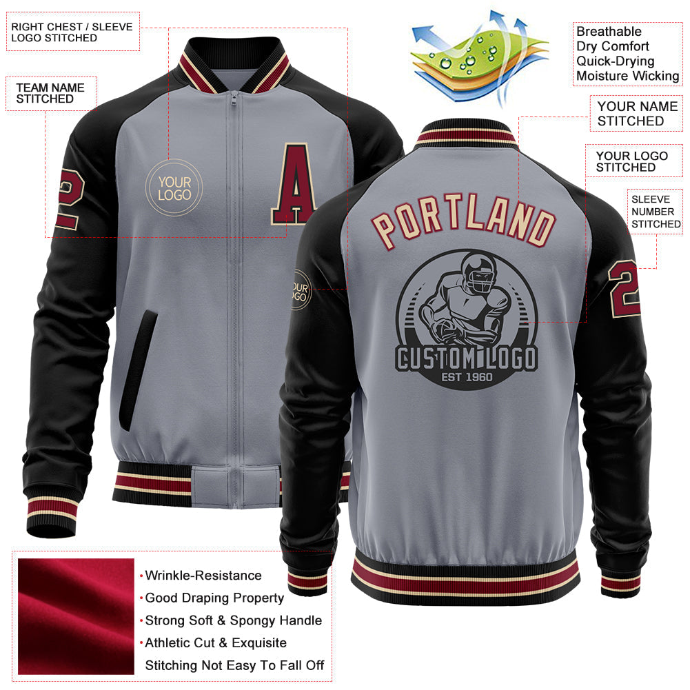 Custom Gray Crimson Black-City Cream Bomber Varsity Letterman Two Tone Zipper Jacket view 4