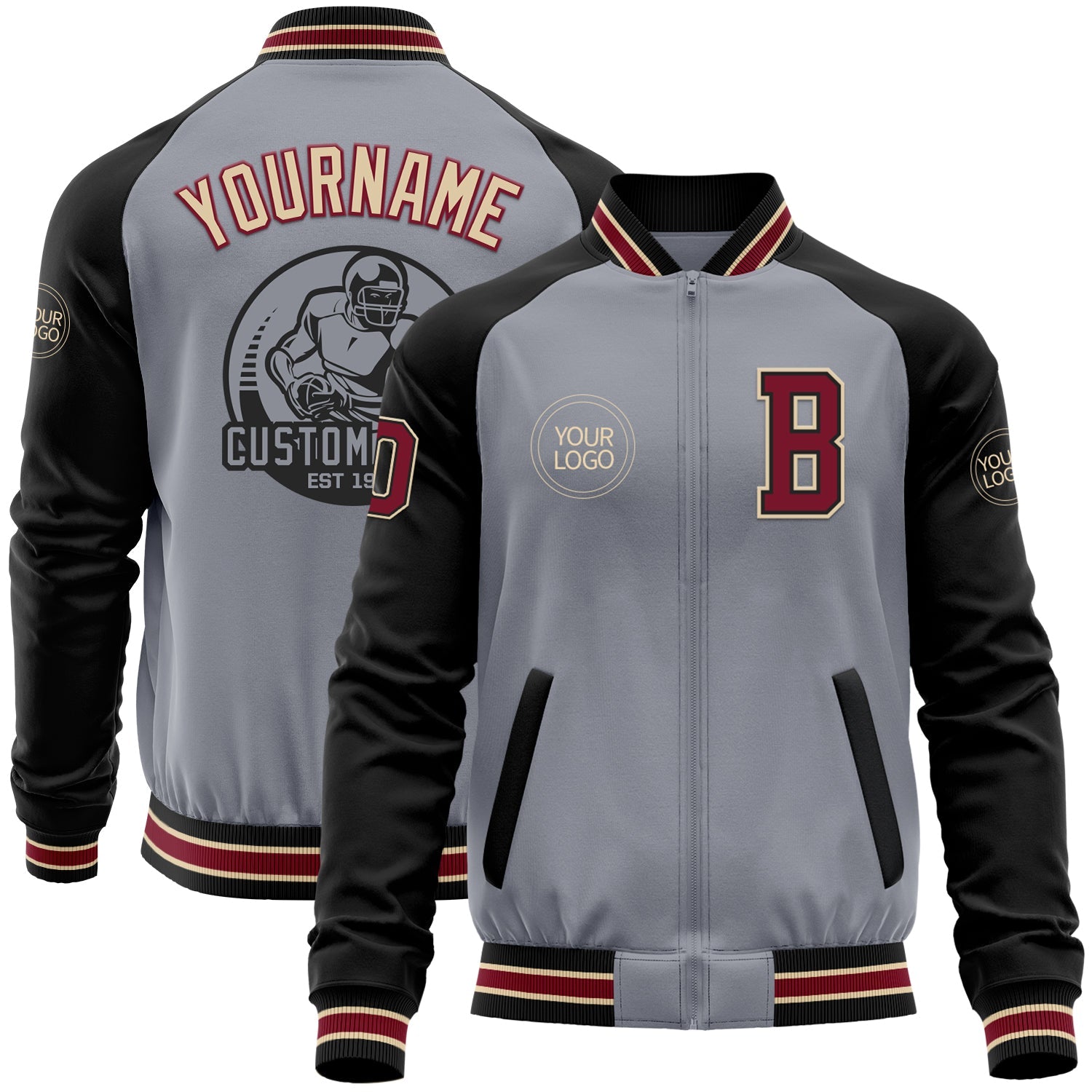 Custom Gray Crimson Black-City Cream Bomber Varsity Letterman Two Tone Zipper Jacket - Main View