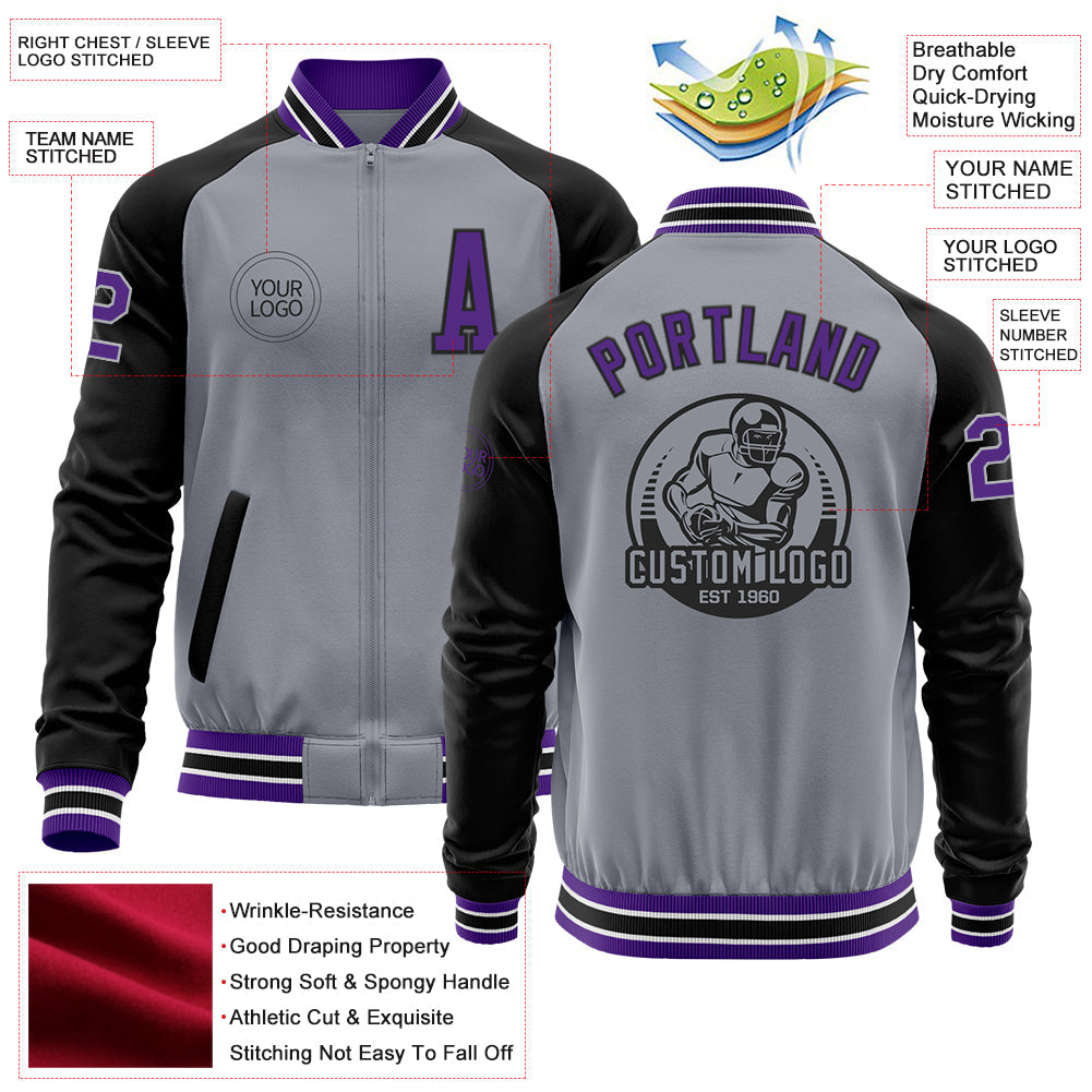 Custom Gray Purple-Black Bomber Varsity Letterman Two Tone Zipper Jacket view 4