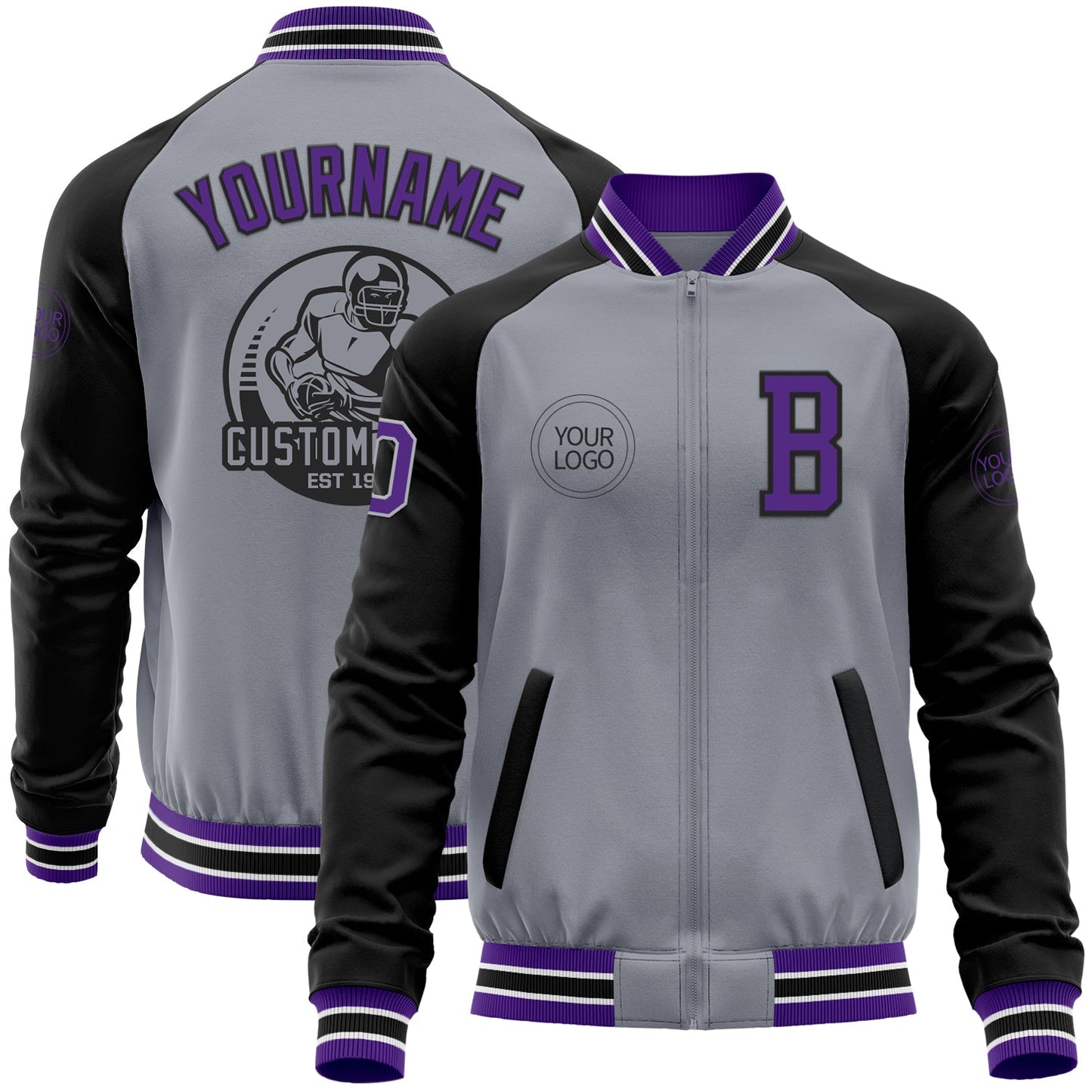 Custom Gray Purple-Black Bomber Varsity Letterman Two Tone Zipper Jacket - Main View