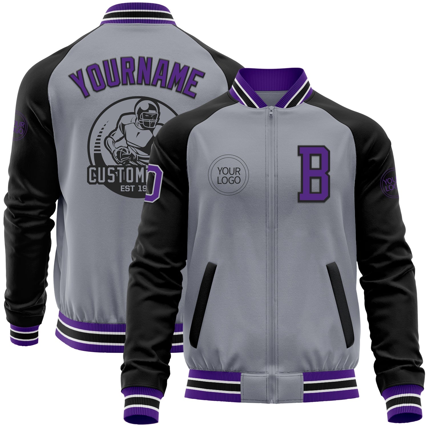 Custom Gray Purple-Black Bomber Varsity Letterman Two Tone Zipper Jacket - Main View