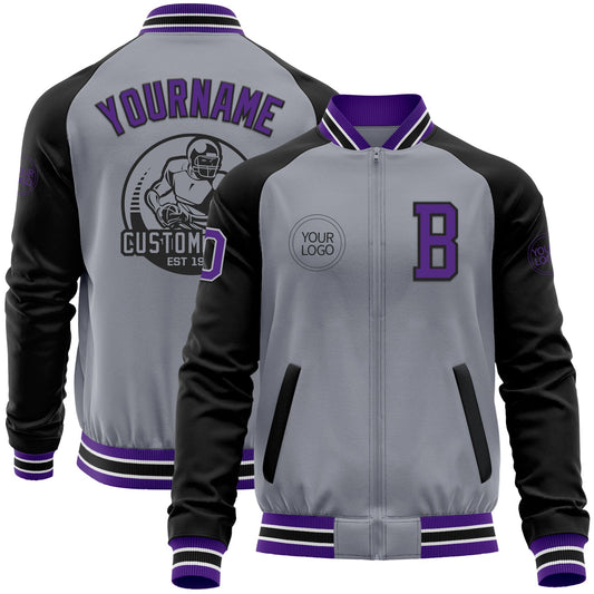 Custom Gray Purple-Black Bomber Varsity Letterman Two Tone Zipper Jacket - Main View