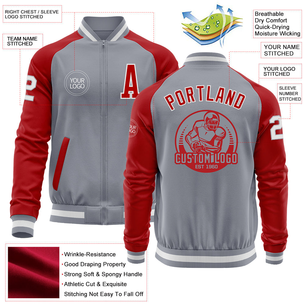 Custom Gray White-Red Bomber Varsity Letterman Two Tone Zipper Jacket view 4